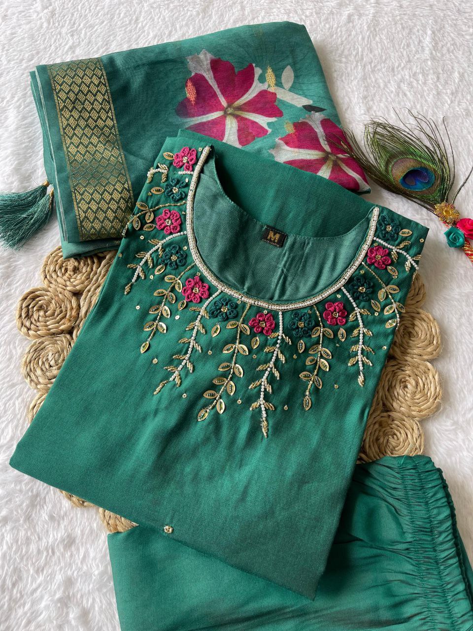 Floral embroidered panelled kurta with thread work, trousers & matching dupatta