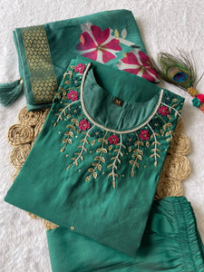 Floral Embroidered Panelled Thread Work Kurta With Trousers & Dupatta | TRENDBUY