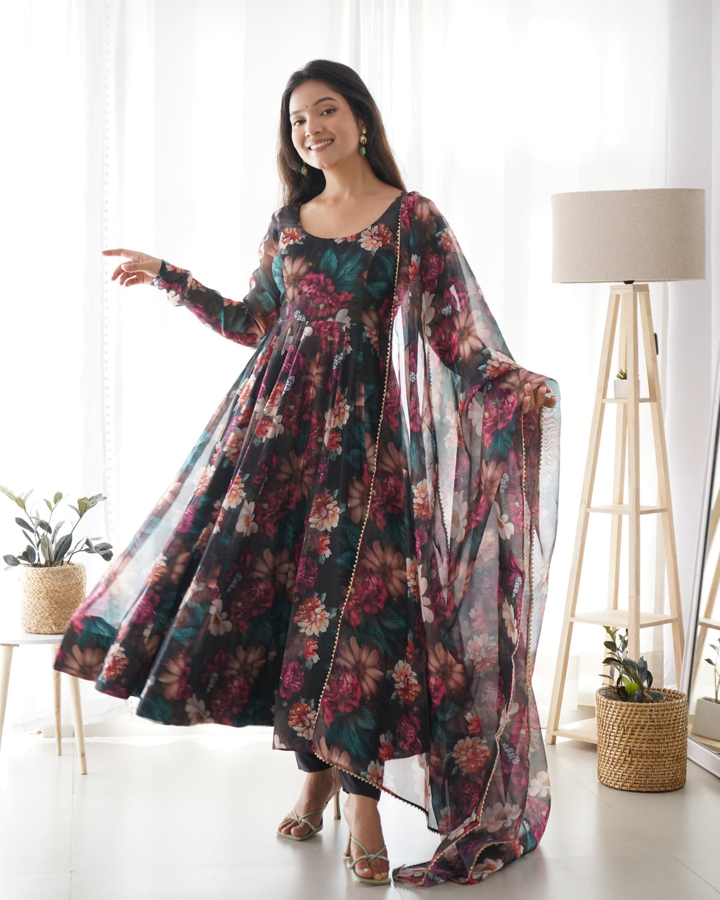Floral partywear Anarkali gown with matching duppatta and bottom