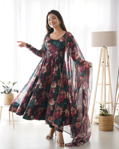 Floral Partywear Anarkali Gown with Duppatta and Bottom | TRENDBUY