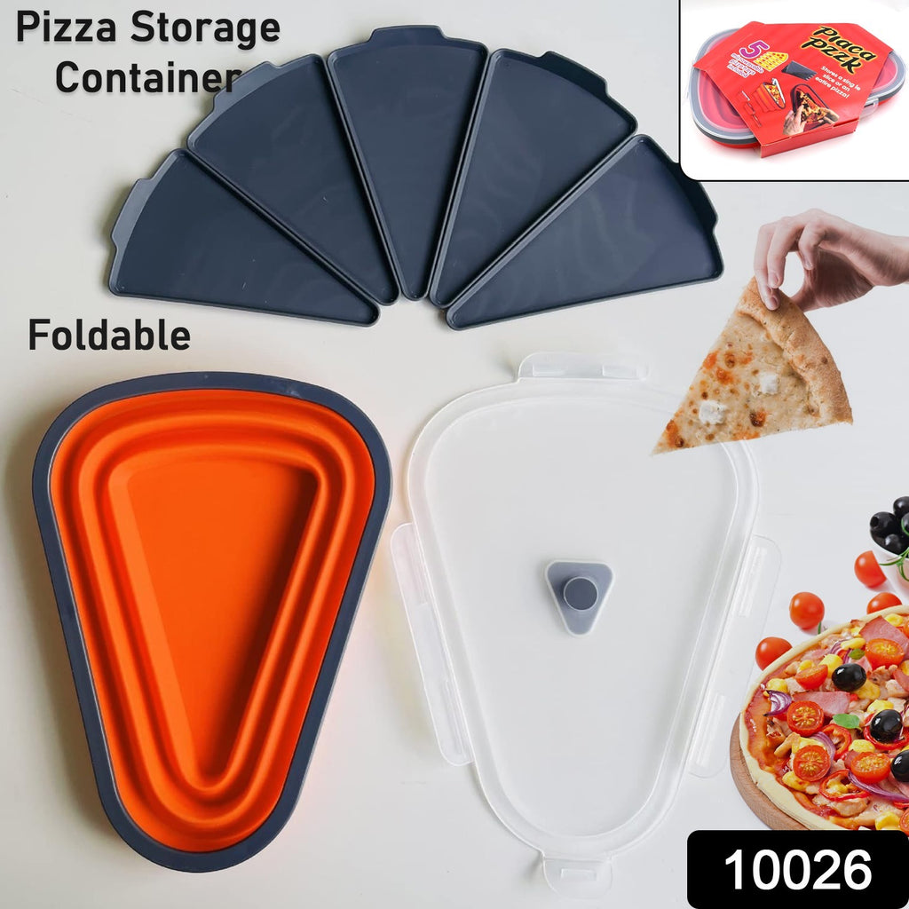 Red silicone pizza storage container holds stacked slices on microwavable trays.