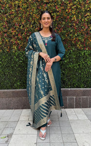 Fully Hand Work Roman Silk Kurti With Pant & Dupatta Set | TRENDBUY