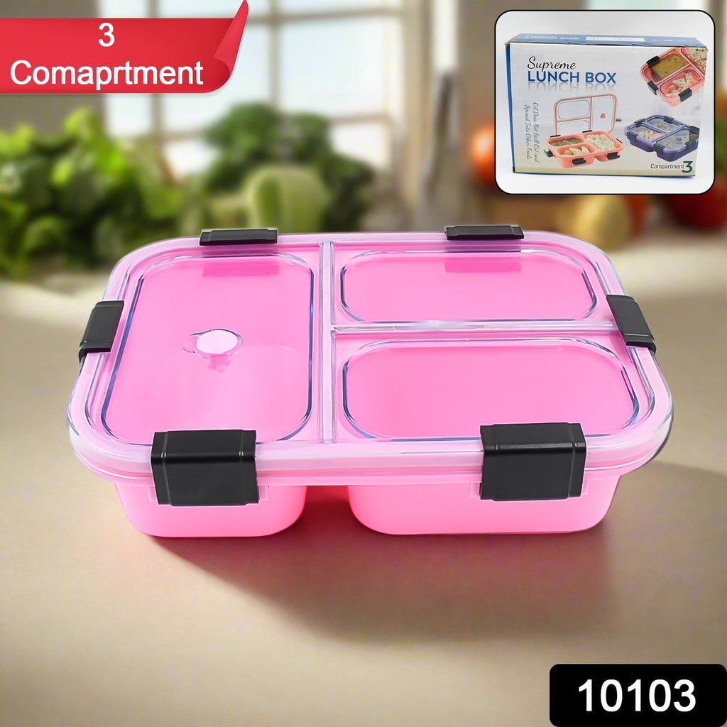 Open red plastic 3 compartment insulated lunch box with fork and spoon