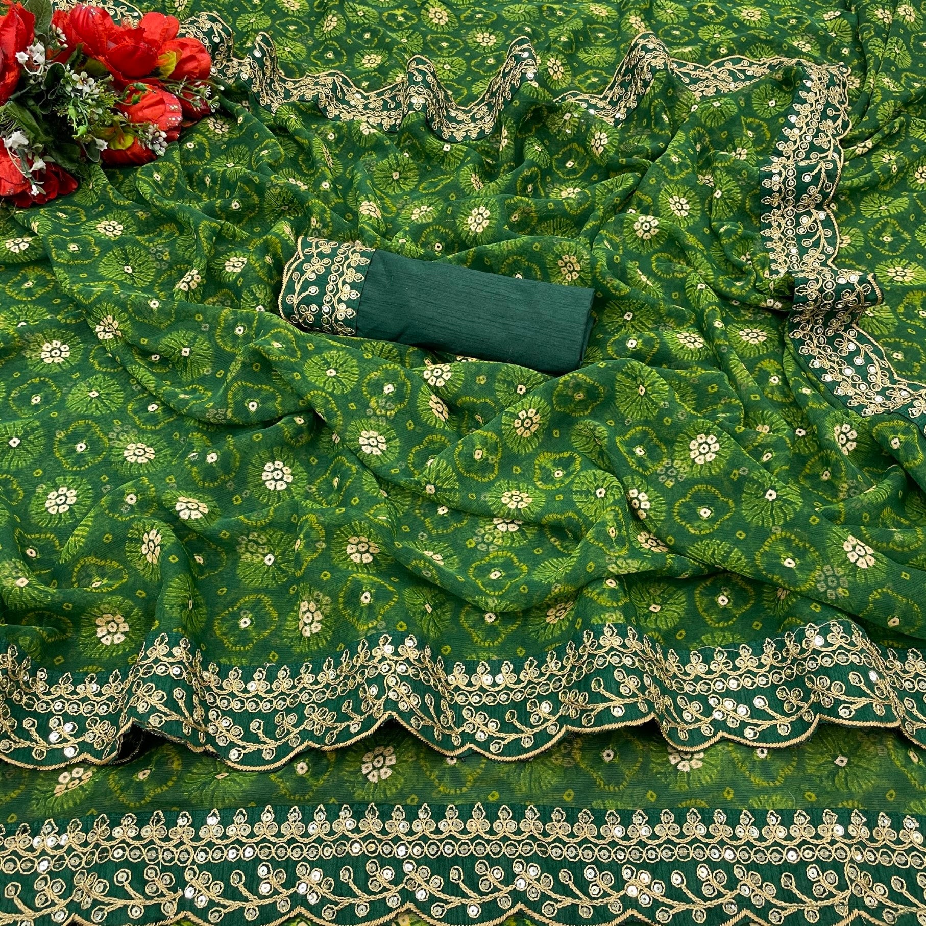 Exquisite green Georgette Chiffon Saree with flower print, foil & sequin work