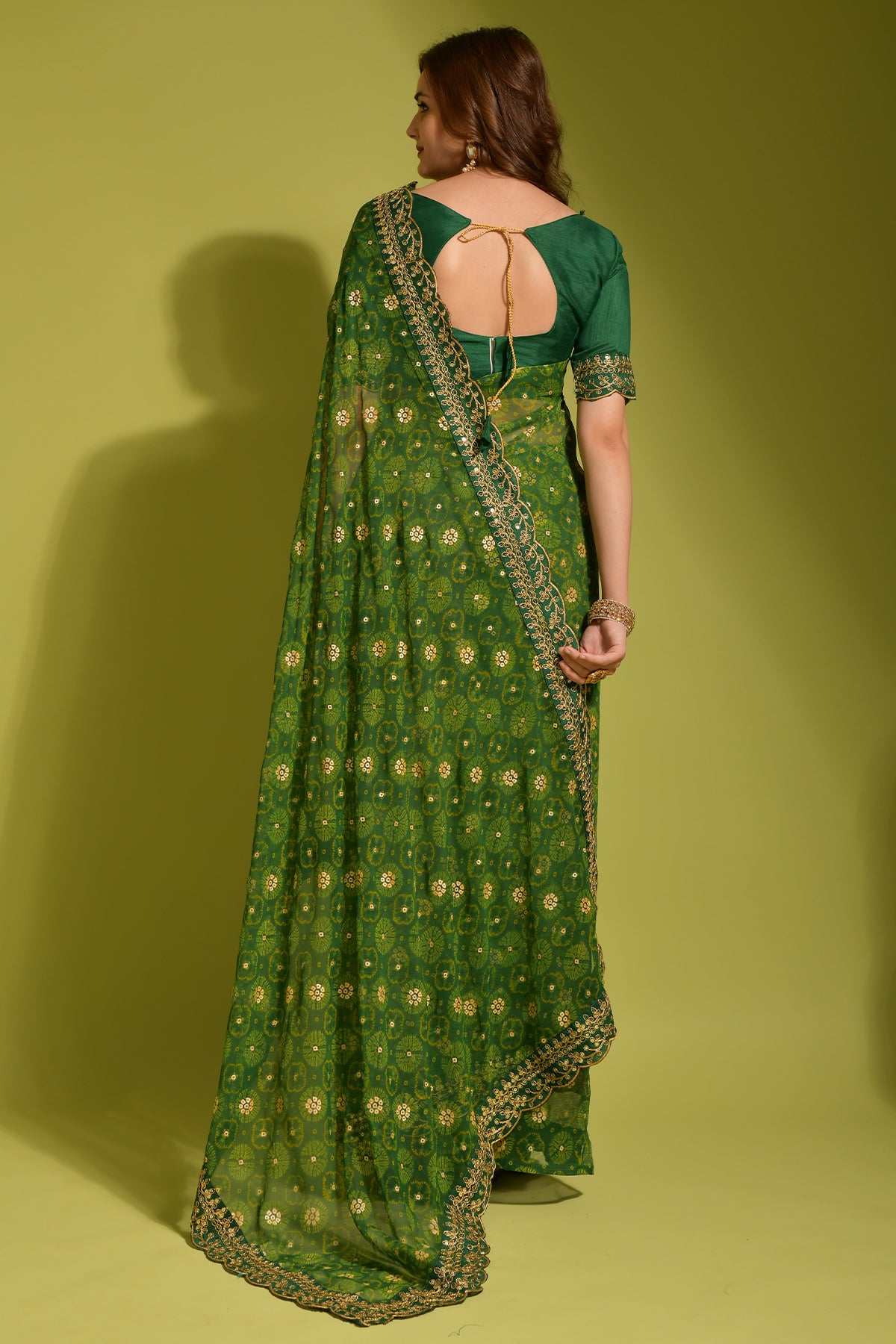 Green Georgette Chiffon saree with exquisite flower print, foil & sequin work