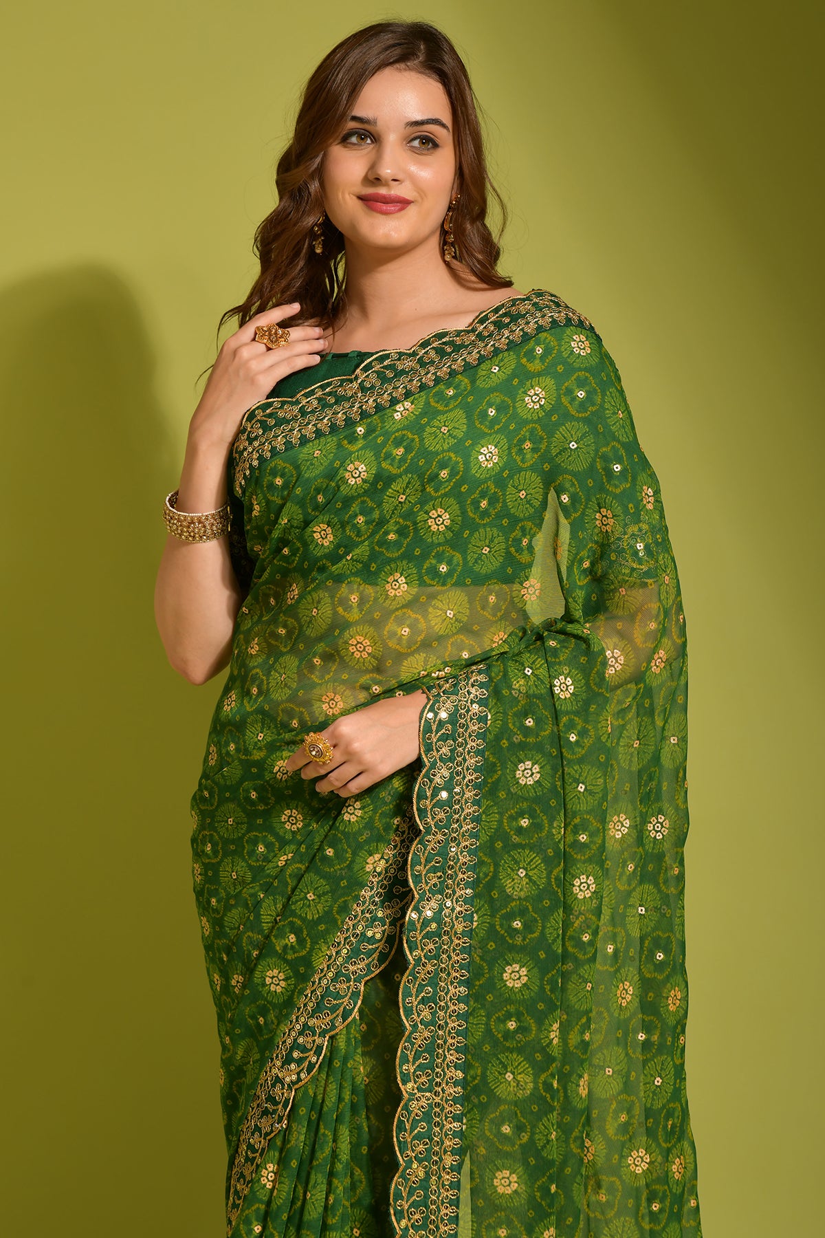 Green Georgette chiffon saree with flower print, foil & sequin work