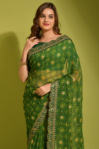 TRENDBUY Exquisite Georgette Chiffon Saree with Flower Print, Foil & Sequin Work | Unstitched Blouse