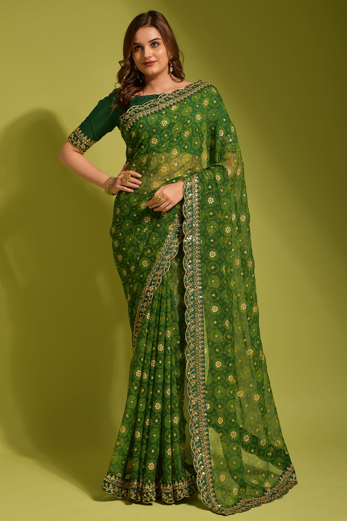 Green georgette chiffon saree with exquisite flower print, foil, and sequin work