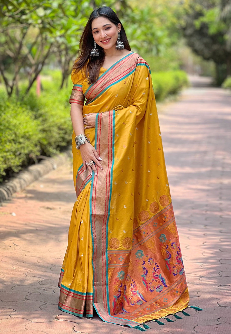 Gold Chaand Maharashtrian Paithani saree featuring vibrant peacock & traditional motifs.