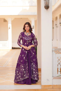 Purple Fox Georgette Palazzo Set with Embroidery Shrug | TRENDBUY