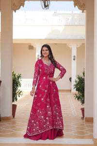 Graceful Embroidery Work Red Color Plazzo With Shrug | TRENDBUY