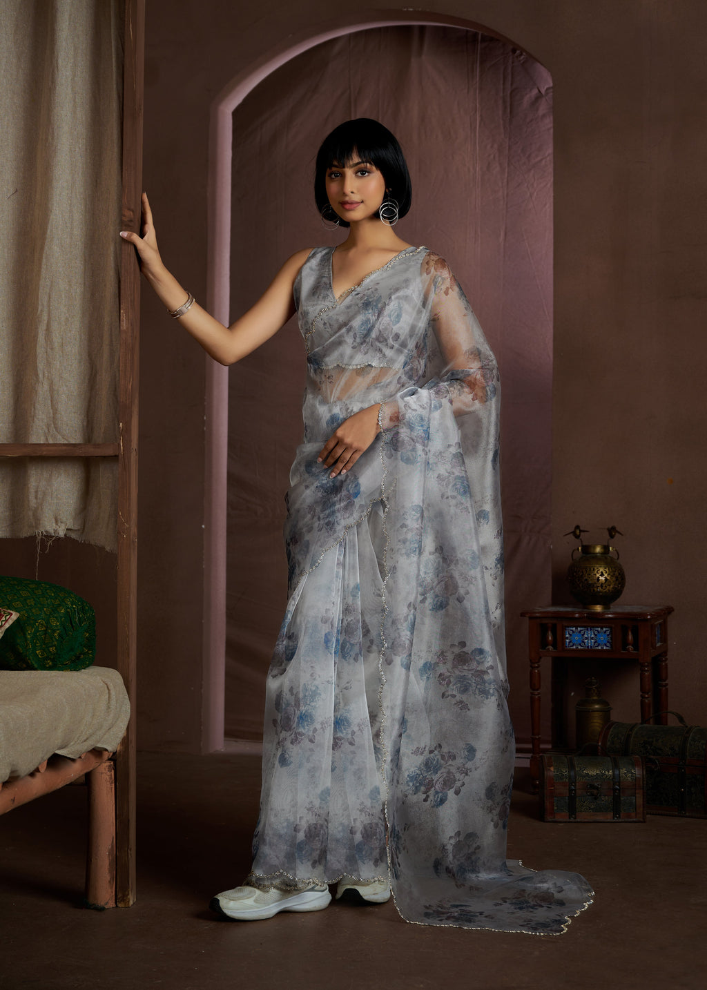 Gray soft organza saree showcasing intricate designer handwork