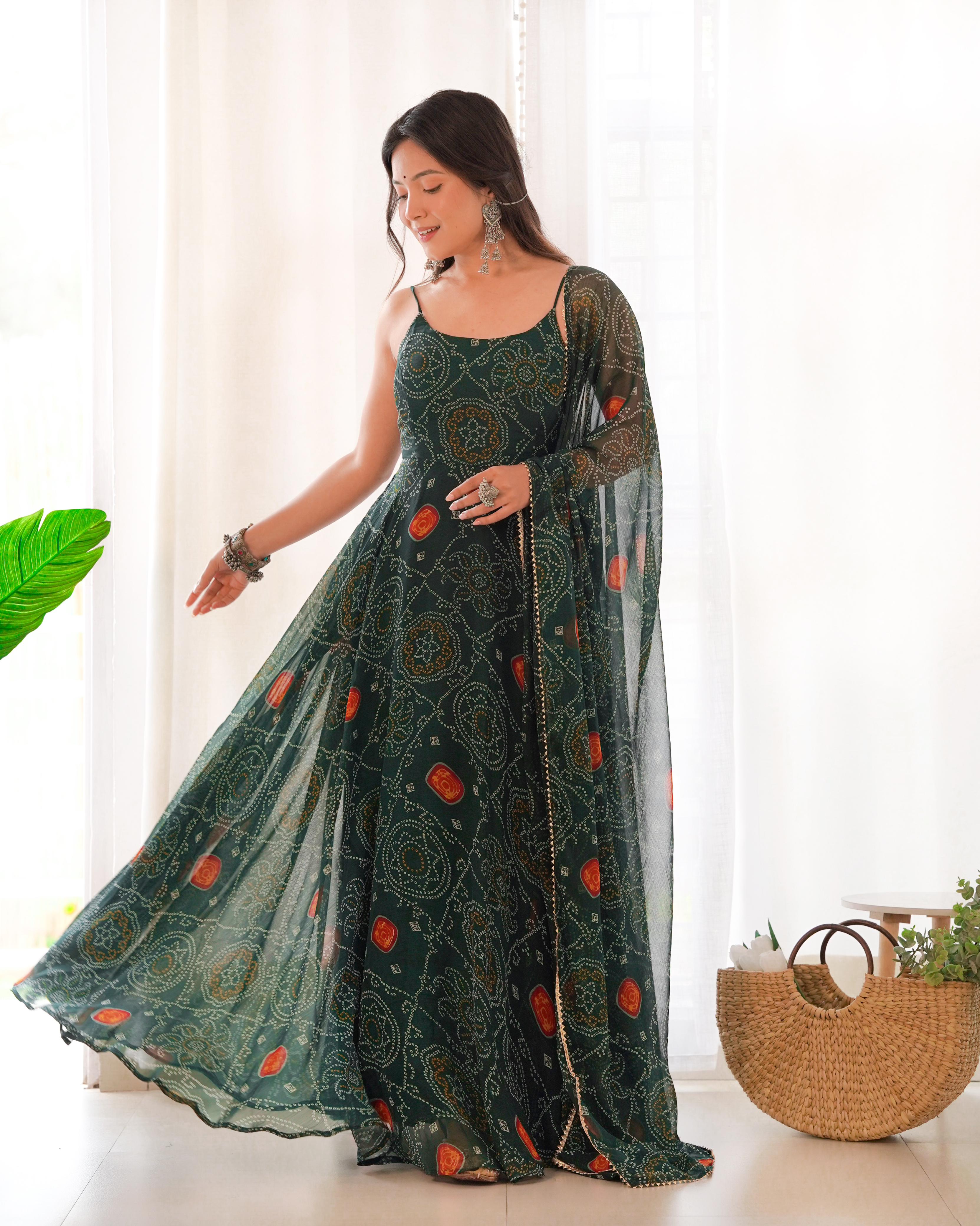 Green Bandhani Anarkali Gown with Backless Dori | TRENDBUY  TREND BUY
