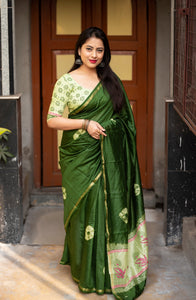 Green Chanderi Cotton Shibori Print Sari | TRENDBUY