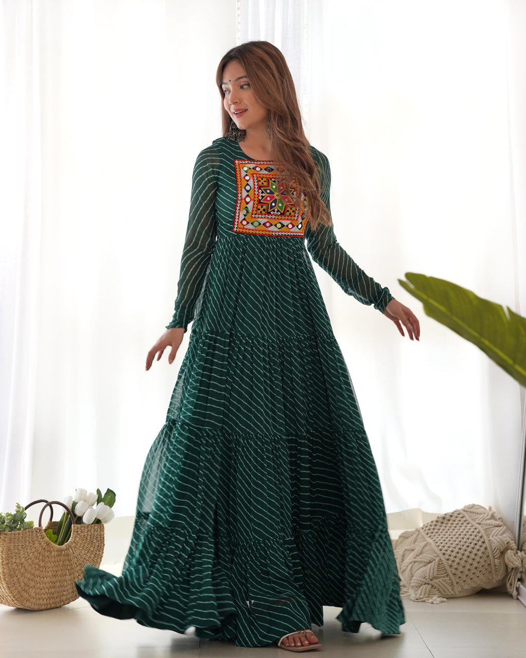 Green Navratri special lehariya print Anarkali gown