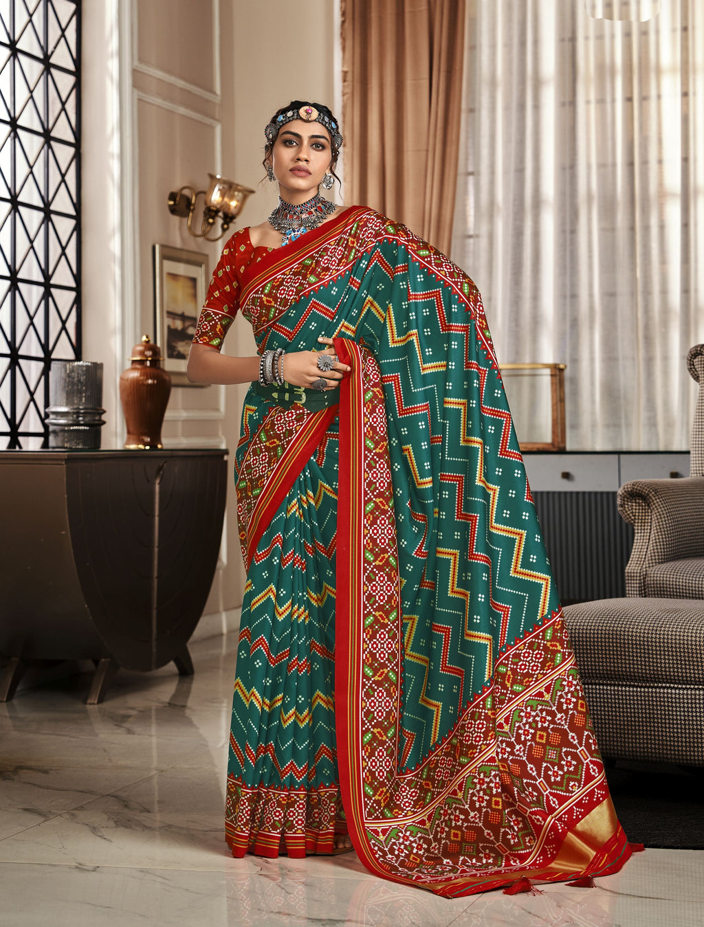 Green & Red Royal Patola print handloom silk saree with tassels