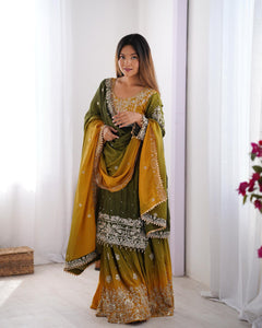 Green With Yellow Chinon Silk Plazzo Dress | TRENDBUY