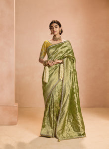 Stunning Green Zari Tissue Silk Lace Work Saree | TRENDBUY