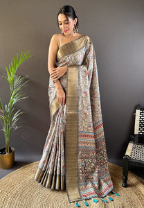 Grey Assam Silk Kalamkari Printed Saree | TRENDBUY