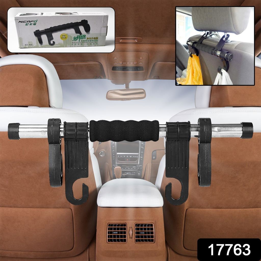 Car headrest bag holder hook kit organizing a grocery bag in the back seat.