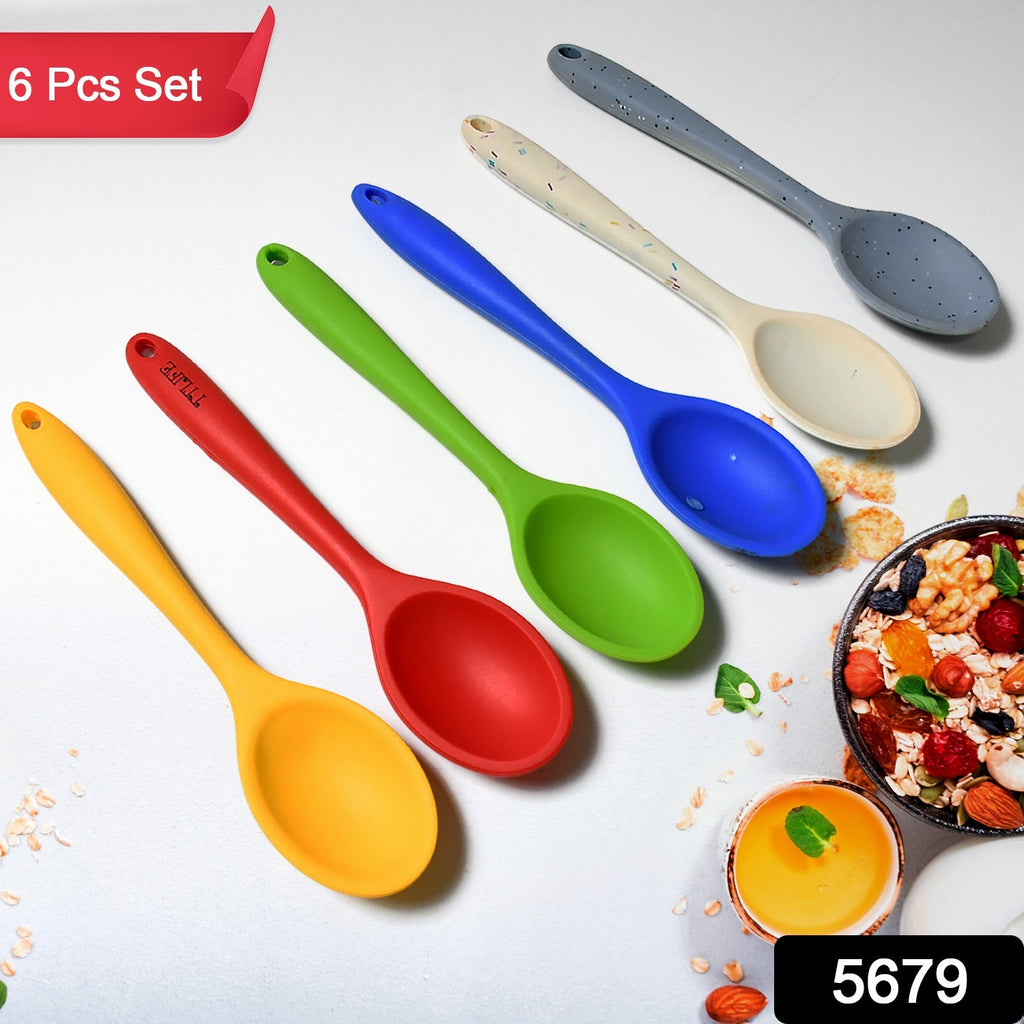 6 colorful non-stick silicone multipurpose spoons for heat-resistant cooking and baking.