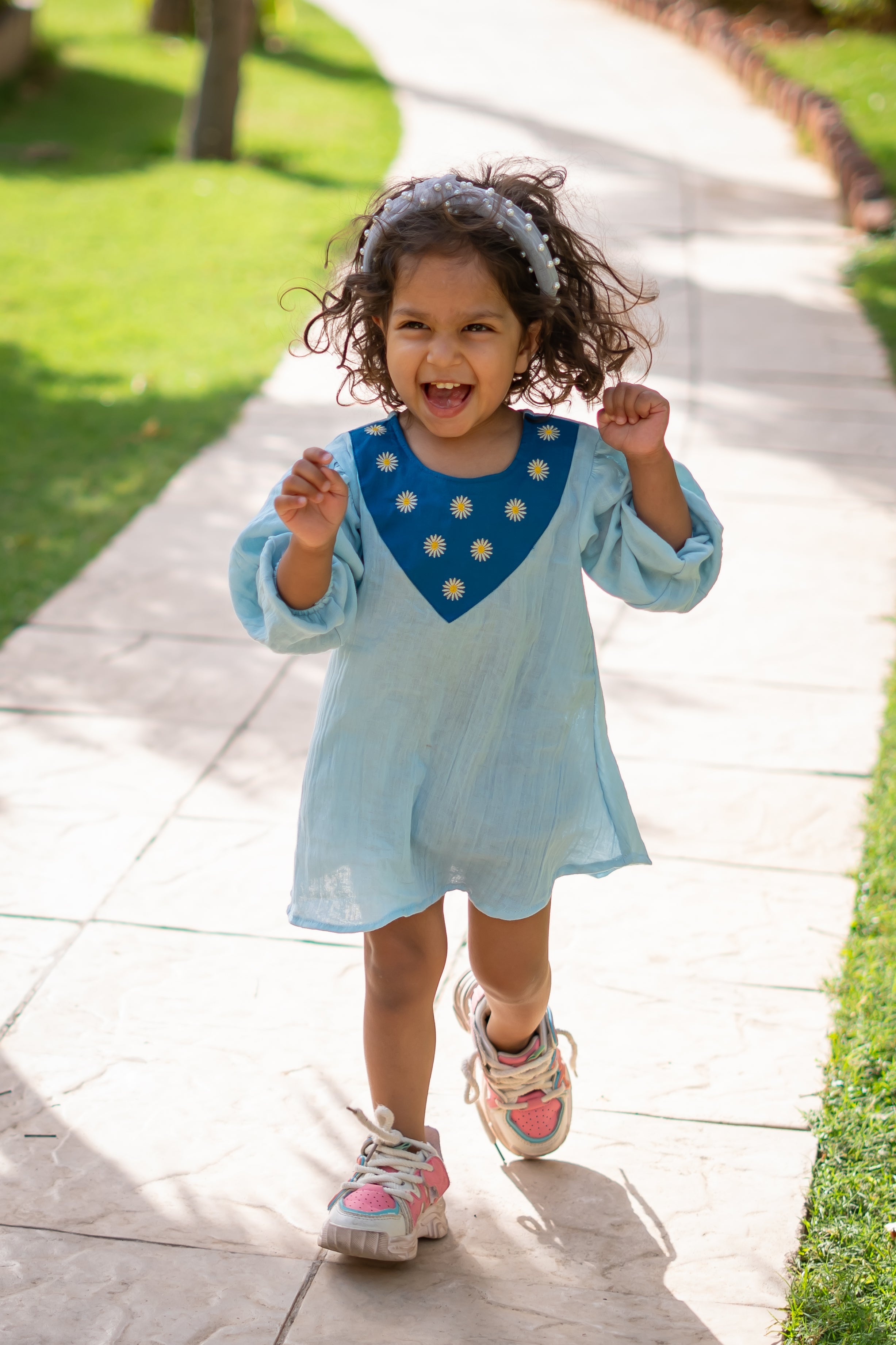 Girls Pure Muslin Dress with Embroidery - Sky Blue