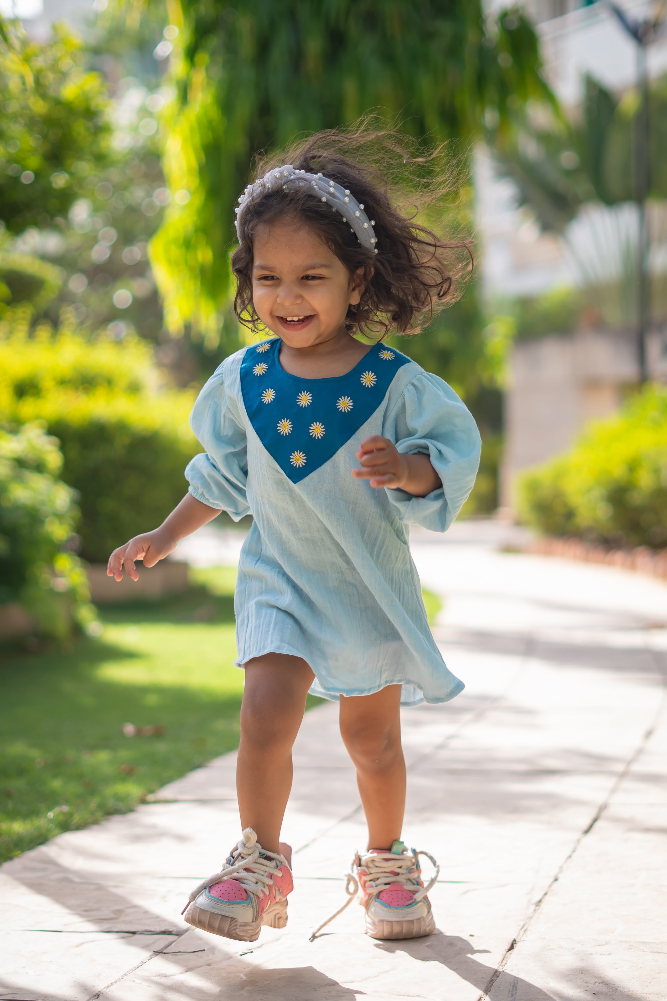 Girls Pure Muslin Dress with Embroidery - Sky Blue