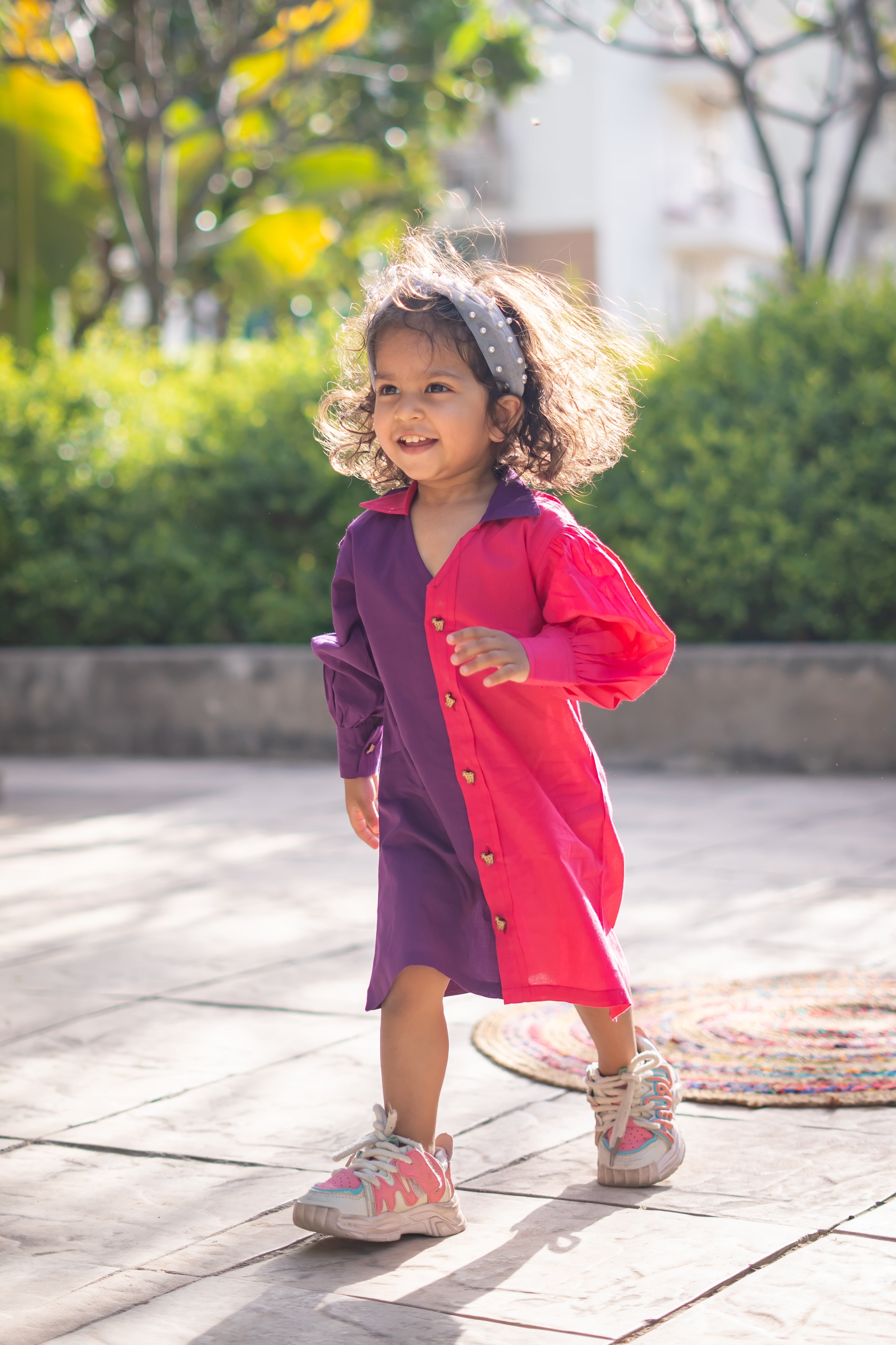 Girls Pure Cotton Color Block Dress with Collar - Pink & Purple