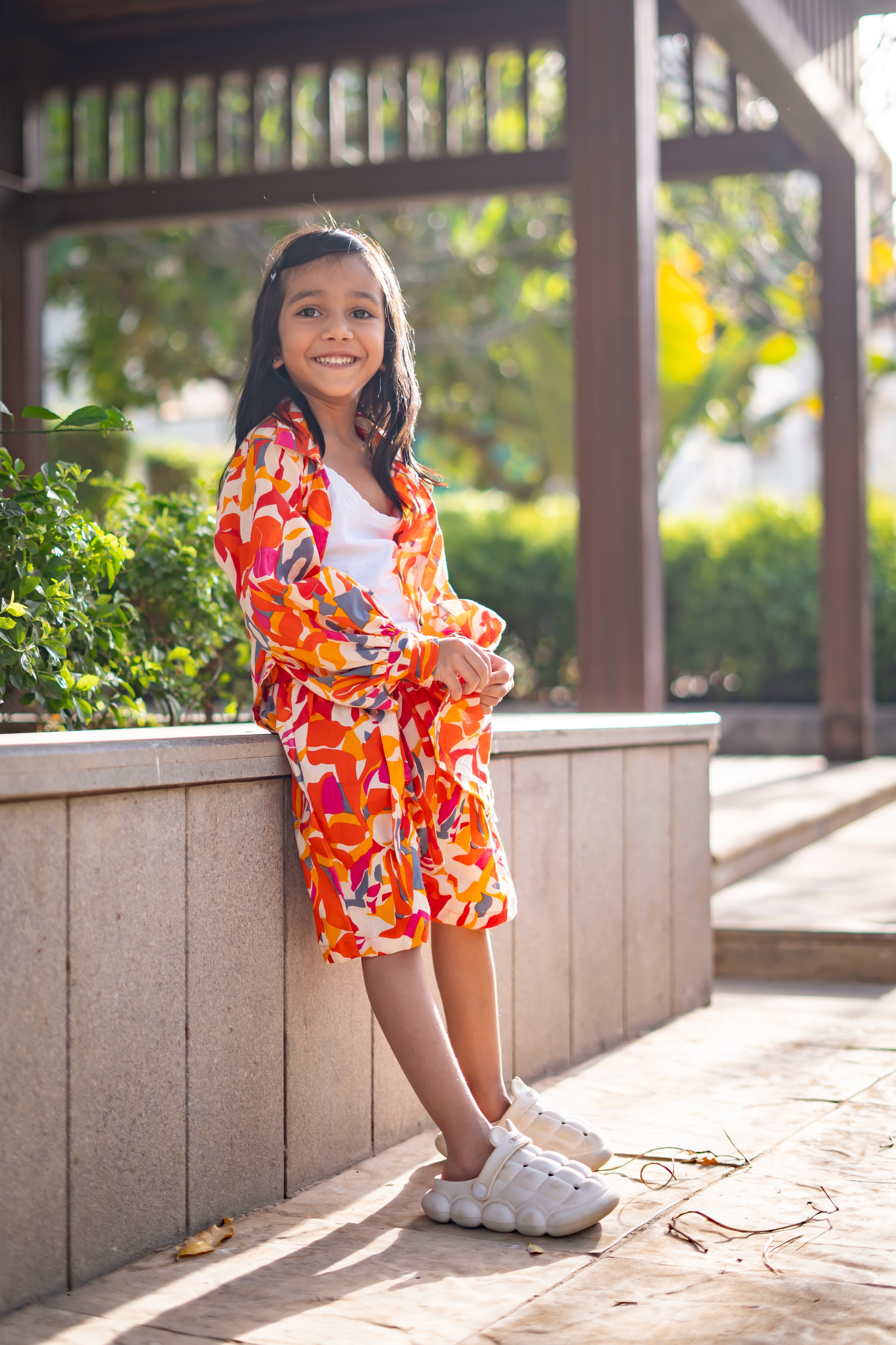 Girls Pure Cotton Printed Resort Wear - Red Orange