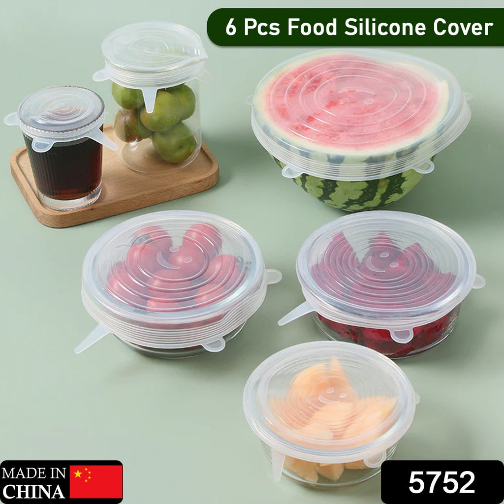 6 Pcs silicone stretch bowl covers set, flexible and fresh-keeping, shown on a bowl. Freezer/microwave safe.