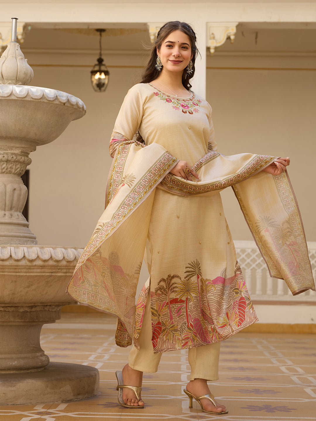 Woman showcasing the elegant flow of the cream Viscose Assam Silk Dupatta, part of the HR-22 Kurta Set by TRENDBUY.
