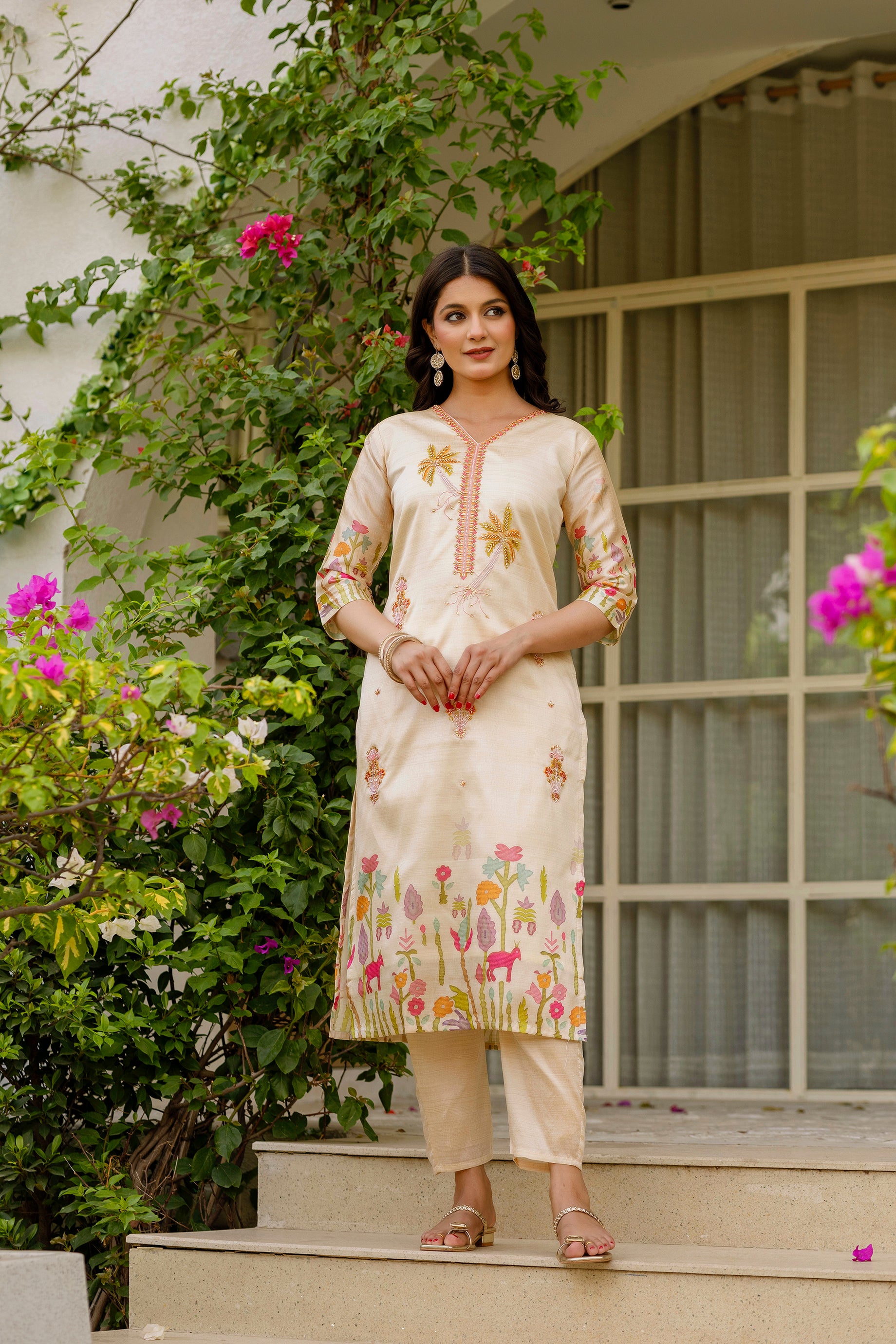 Full shot of the model in TRENDBUY HR-24 Kurta Set, standing gracefully against a natural backdrop, showcasing the entire outfit.