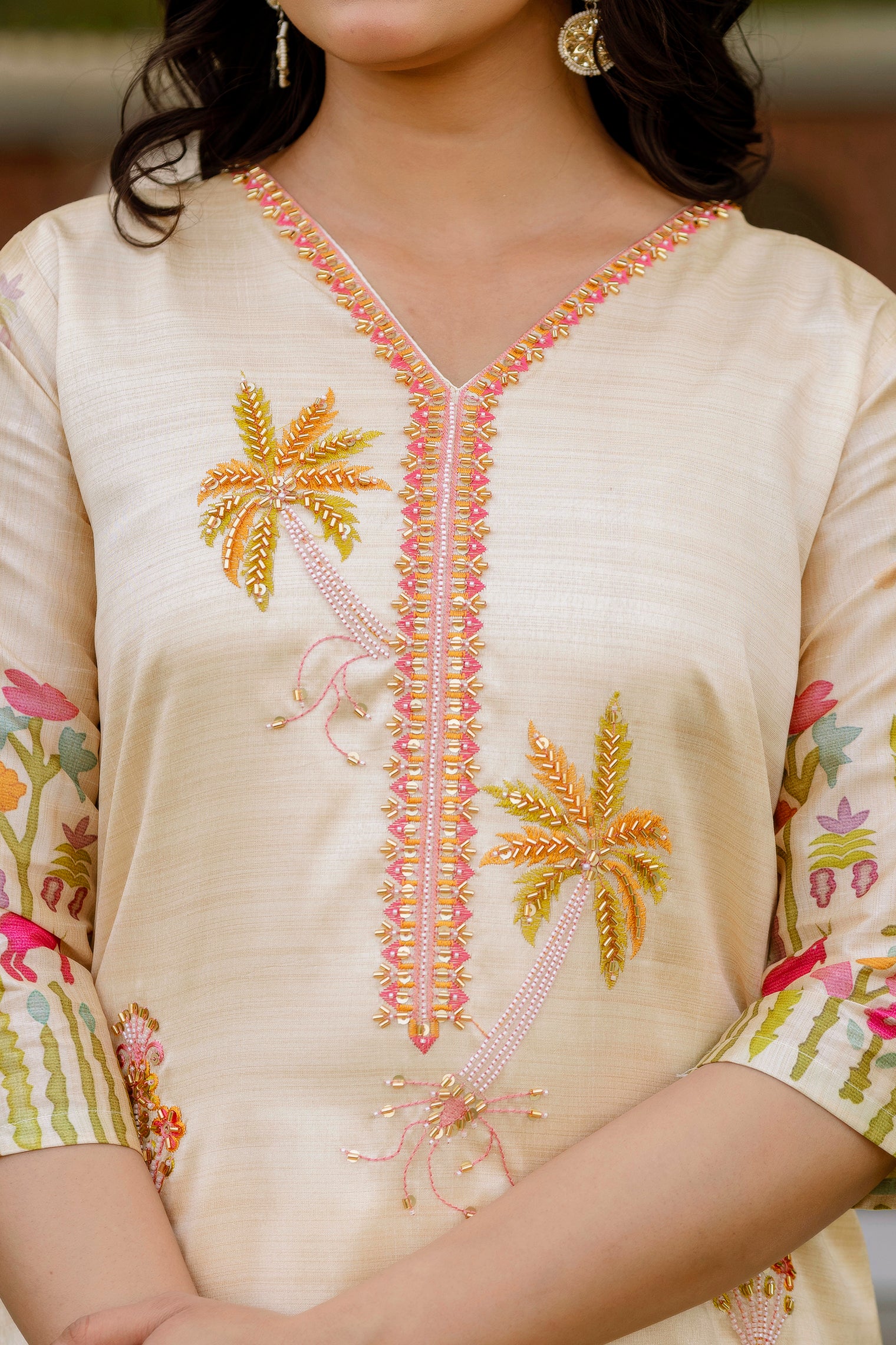 Front view close-up of the TRENDBUY HR-24 Kurti's upper bodice, showcasing the rich beaded embroidery and craftsmanship.