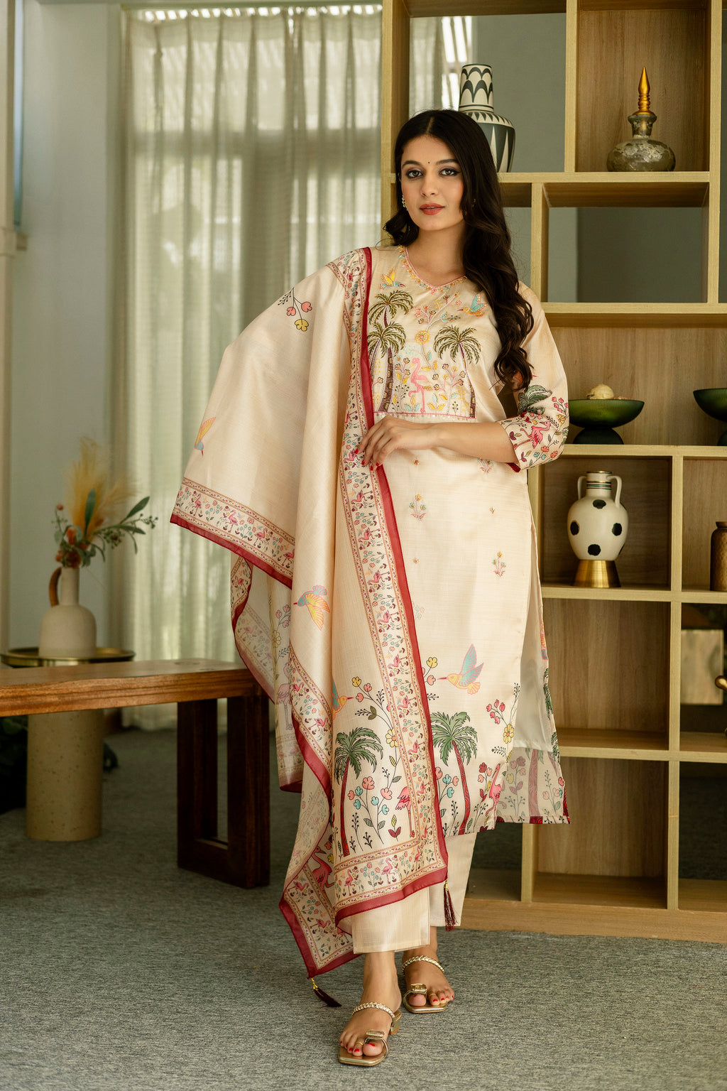 TRENDBUY model showcasing the HR-25 Viscose Assam Silk Kurta Set with tropical bird and palm tree embroidery, full body shot.
