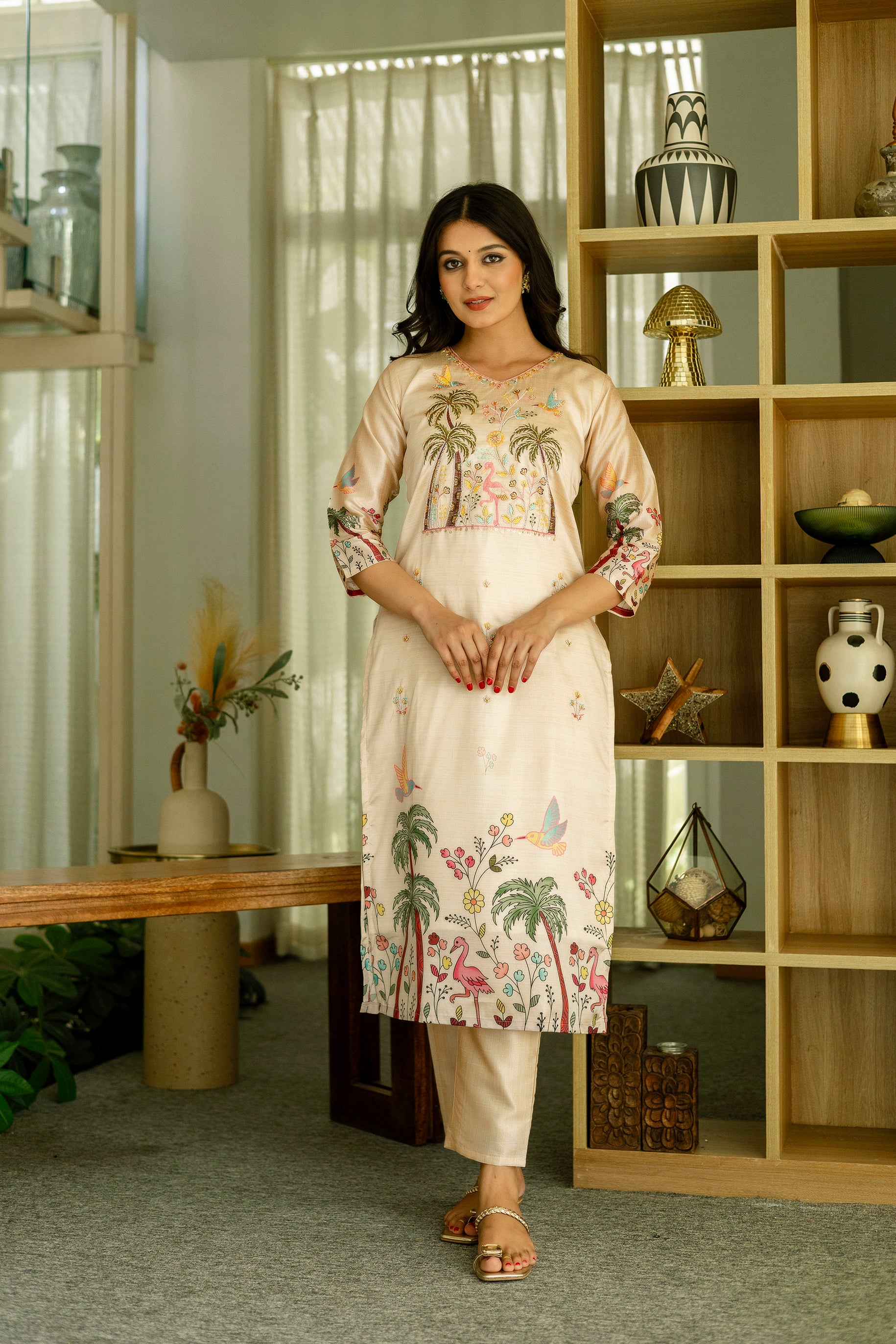 TRENDBUY model standing, front view, confidently presenting the HR-25 Viscose Assam Silk Kurta Set with its unique embroidery.