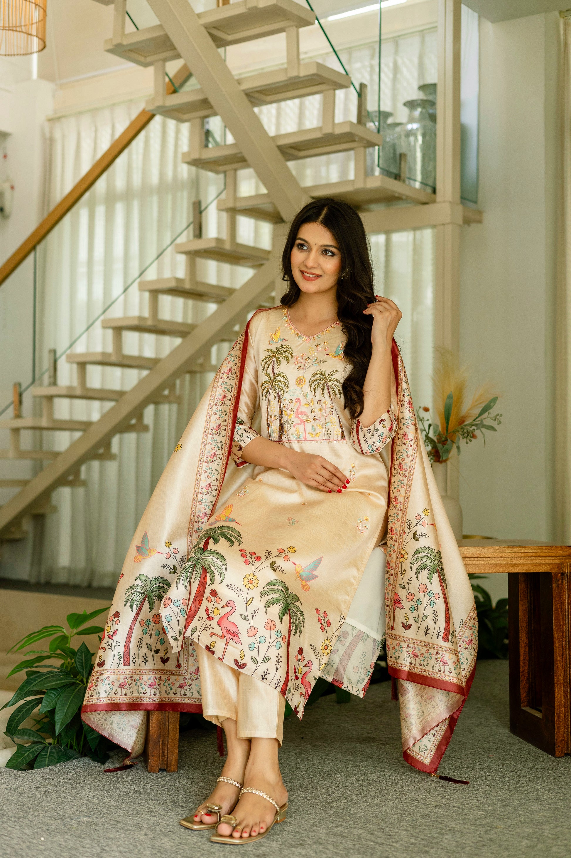 TRENDBUY model seated, showcasing the comfort and style of the HR-25 Viscose Assam Silk Kurta Set, detail of the embroidery.