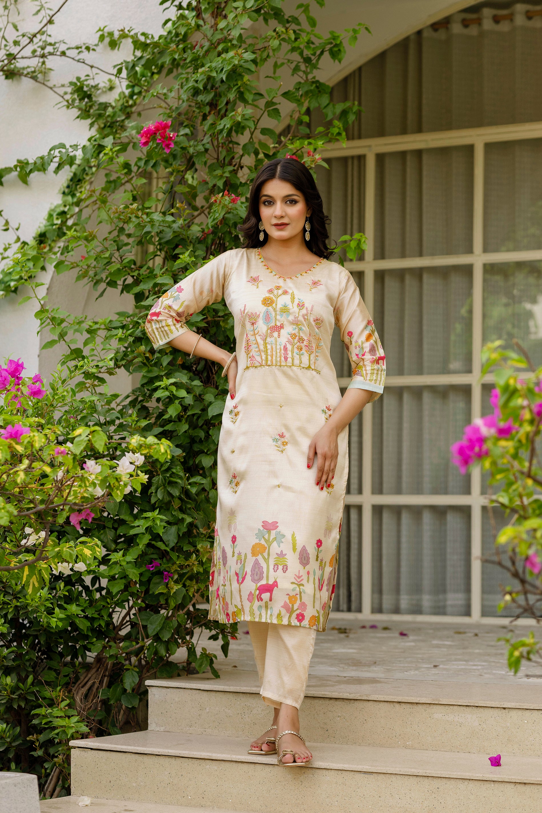 Model posing confidently in the full TRENDBUY HR-26 Viscose Assam Silk Kurta Set, displaying the complete outfit and elegant silhouette.