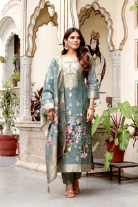 TRENDBUY Elegant Chanderi Cotton Kurti Set with Woven Print Dupatta & Pant