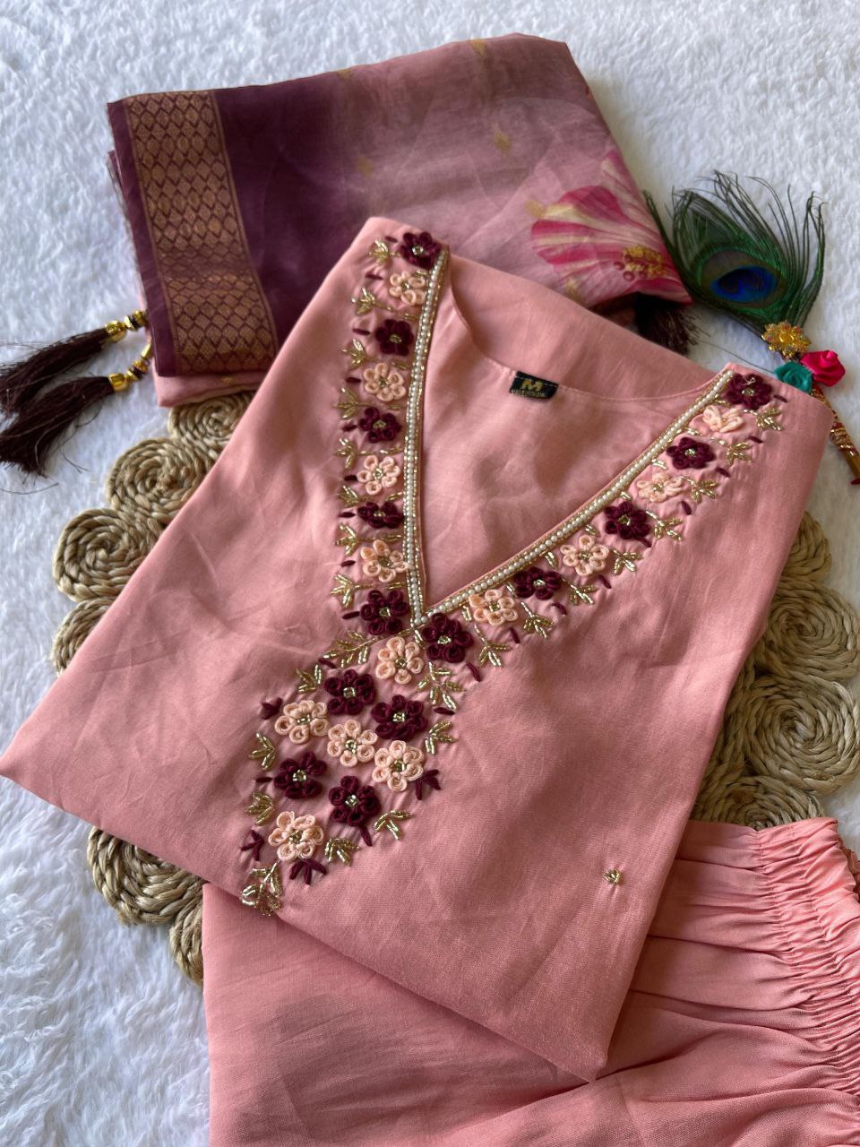 Complete Handwork Kurti Pant with Dupatta Set, showcasing intricate embroidery.