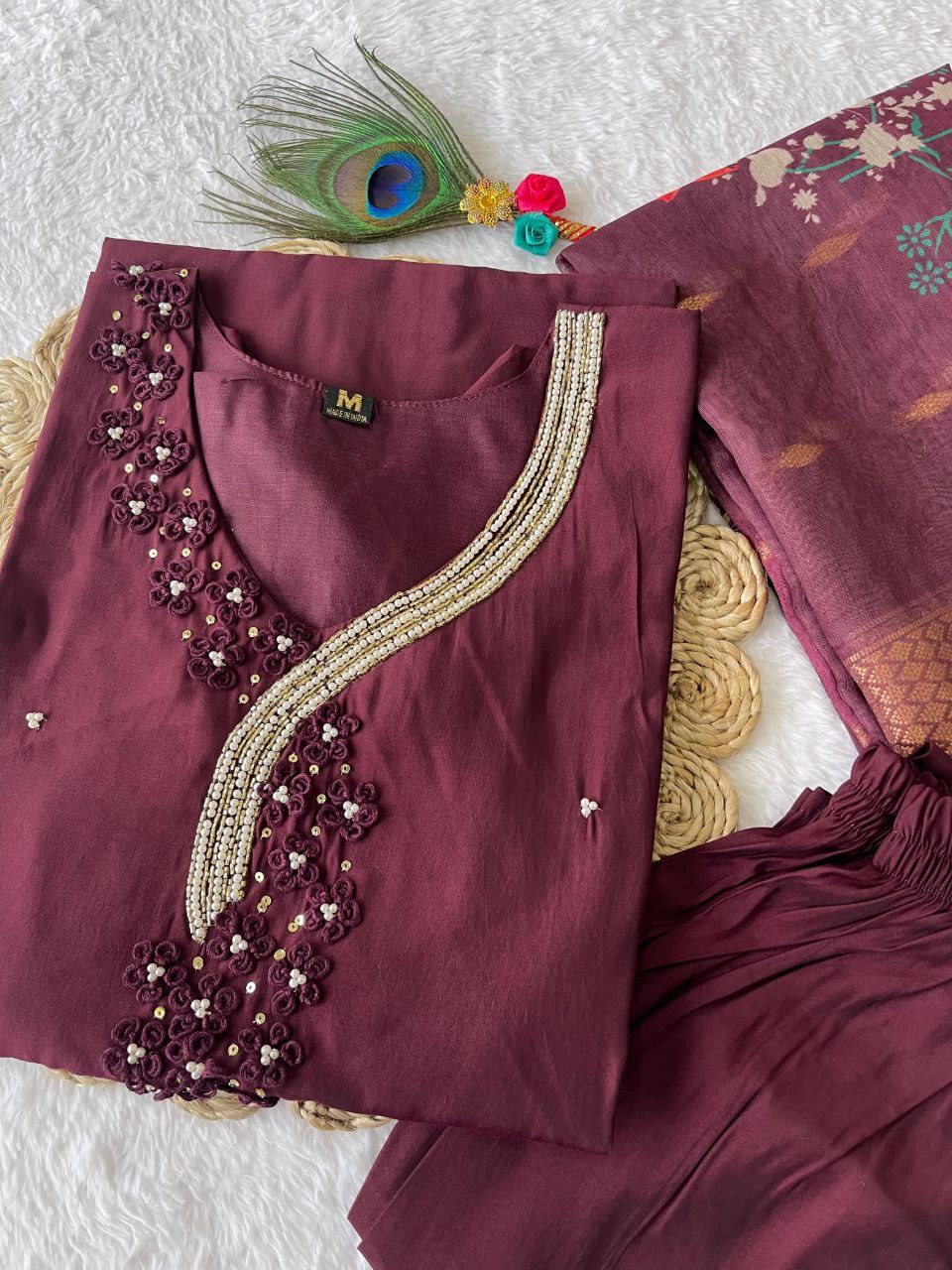 Handwork Kurti Pant with Dupatta Set, featuring intricate embroidery.