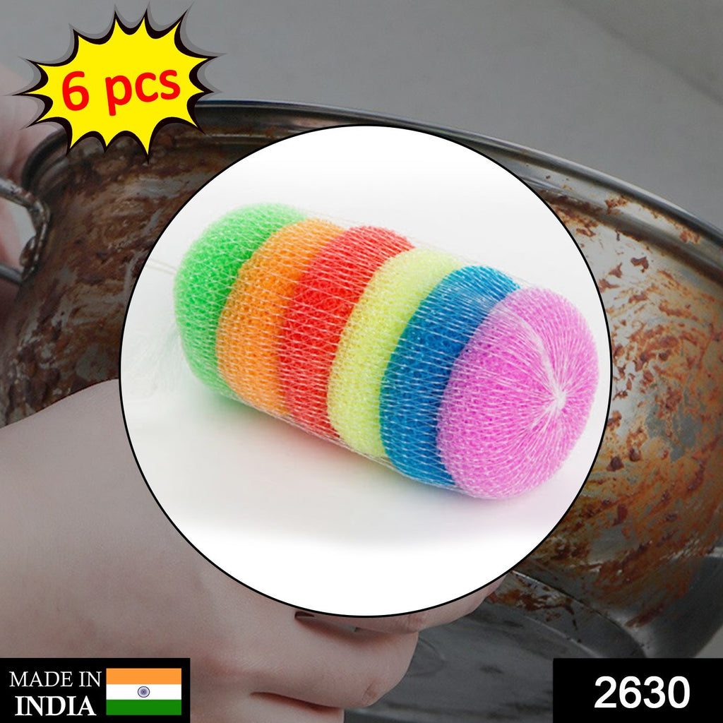 Colorful round plastic nylon scrubbers (pack of 6) for kitchen cleaning.