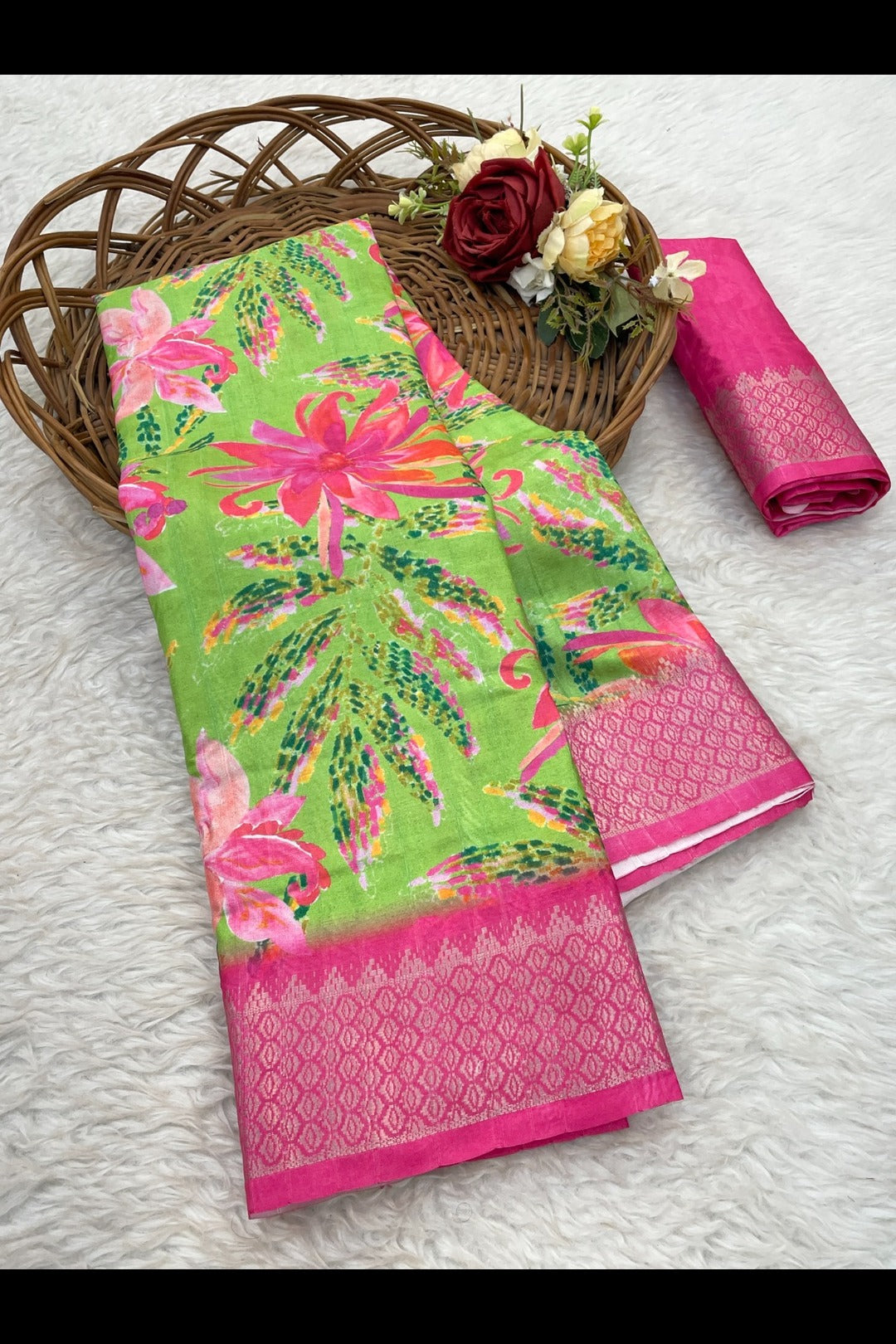 Light Green and Pink Silk Saree