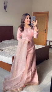 Premium Pink Dull Satin Embroidered Palazzo Suit Set with Sequined Organza Dupatta