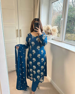 Elegant Chinon Embroidered Long Top Suit with Sequence Work | Blue | TREND BUY