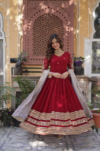Embroidered Faux Blooming Gown with Dupatta | Red | TREND BUY