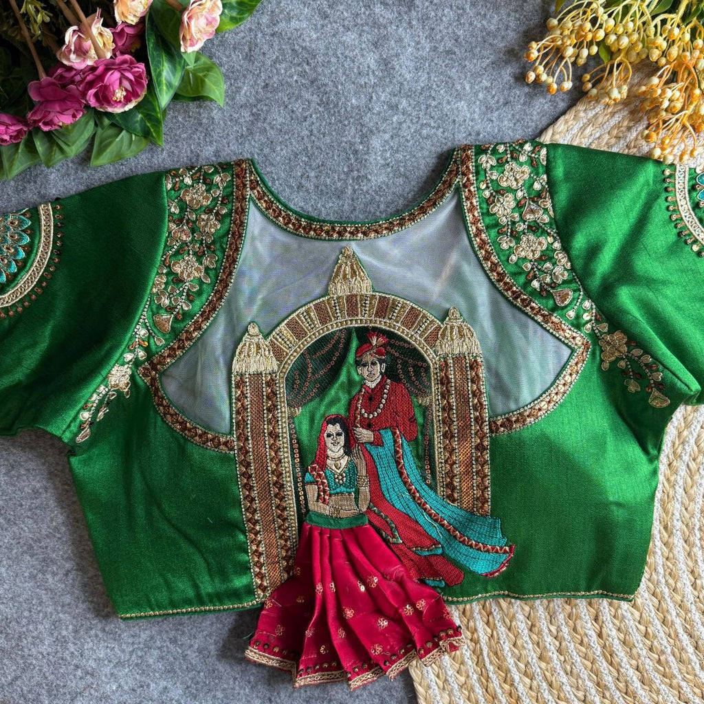 Close-up of intricate 3D floral embroidery on heavy silk fabric