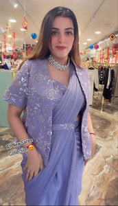 Heavy Barbari Saree with Embroidered Jacket & Belt | Pink & Lavender | TREND BUY
