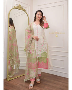 Banarasi Cotton Suit Set | Printed Top, Pants & Organza Dupatta | TREND BUY