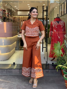Summer Cotton Slub Co-ord Set | Embroidery Top & Plazo | Brown | TREND BUY