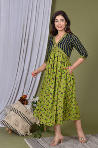 Elegant Rayon Midi Gown with Pocket in Green and Black | 50-Inch Flowy Casual and Festive Dress